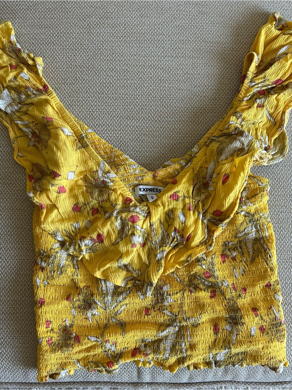Express Yellow Floral Smocked V-Neck Crop Top